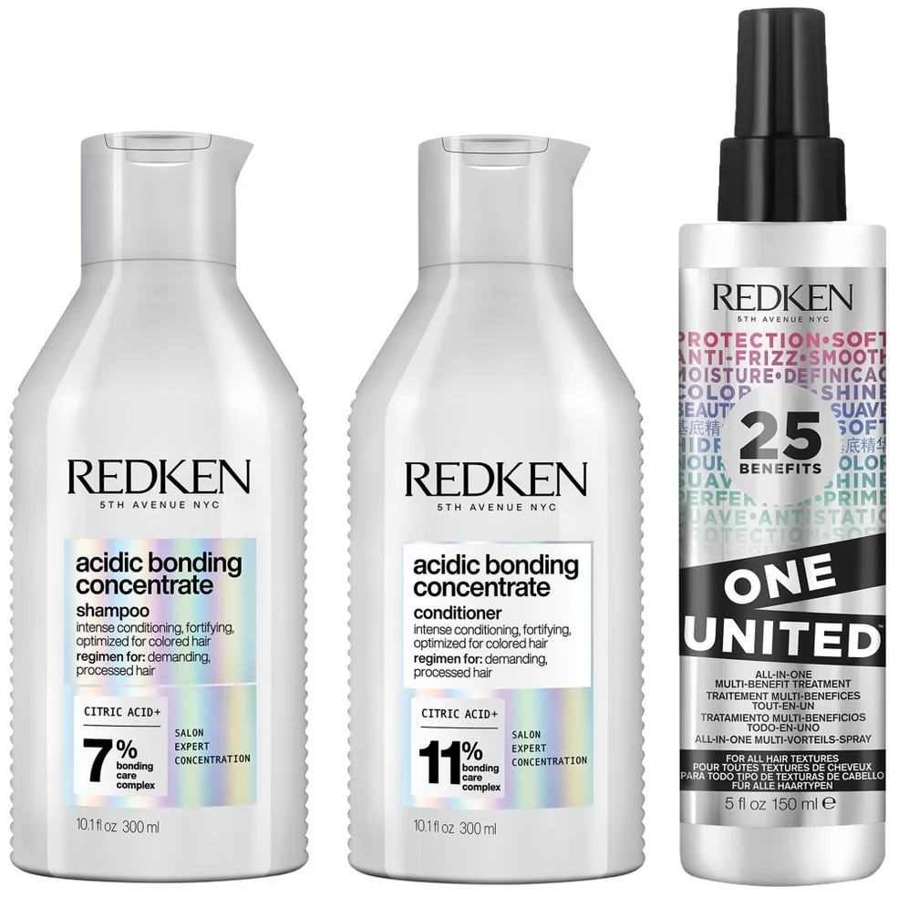 Redken Acidic Bonding Concentrate Shampoo, Conditioner and One United Multi-Benefit Leave-in Treatment Bond Repair Bundle Image 1