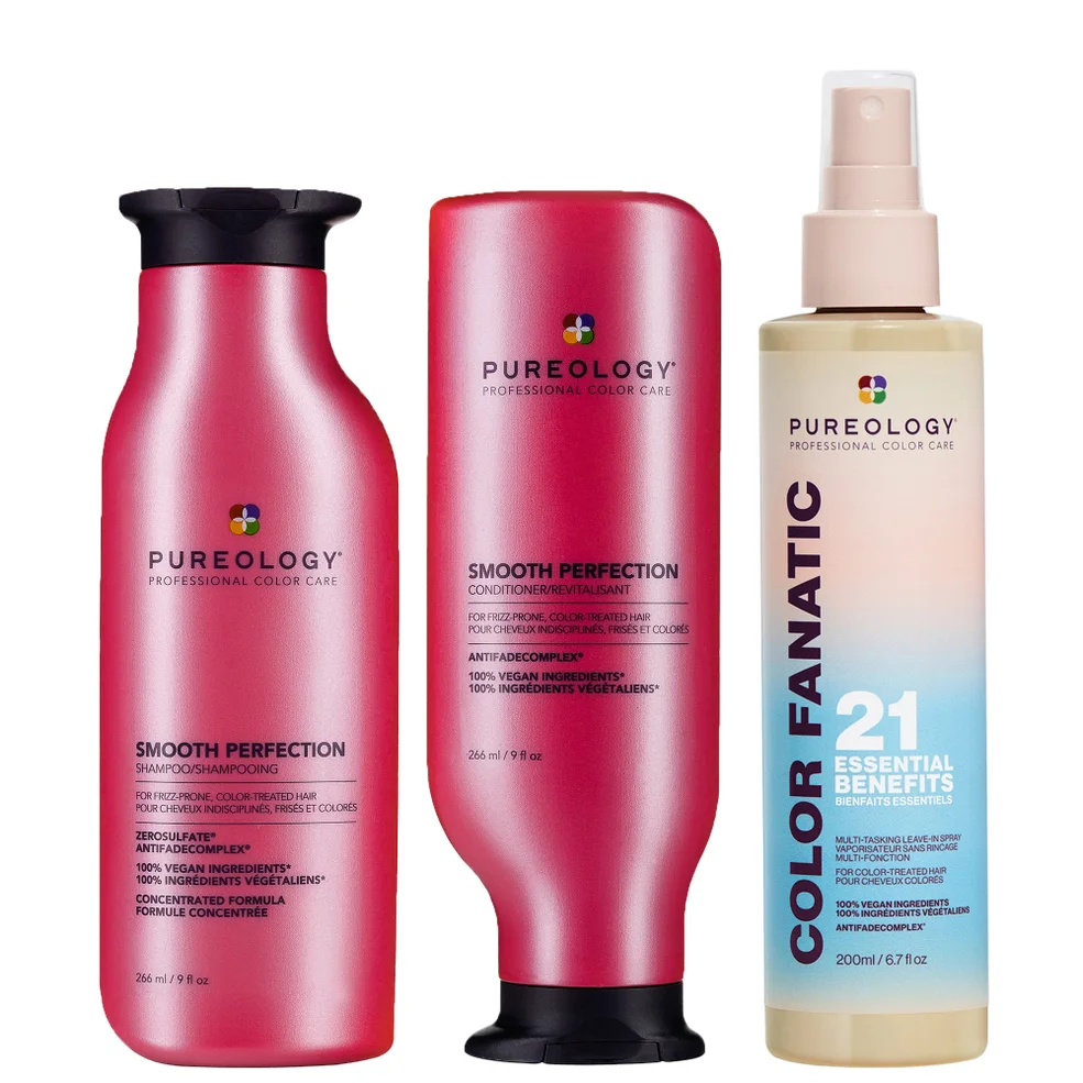 Pureology Smooth Perfection Shampoo, Conditioner and Color Fanatic Spray for Frizz Prone Hair Image 1