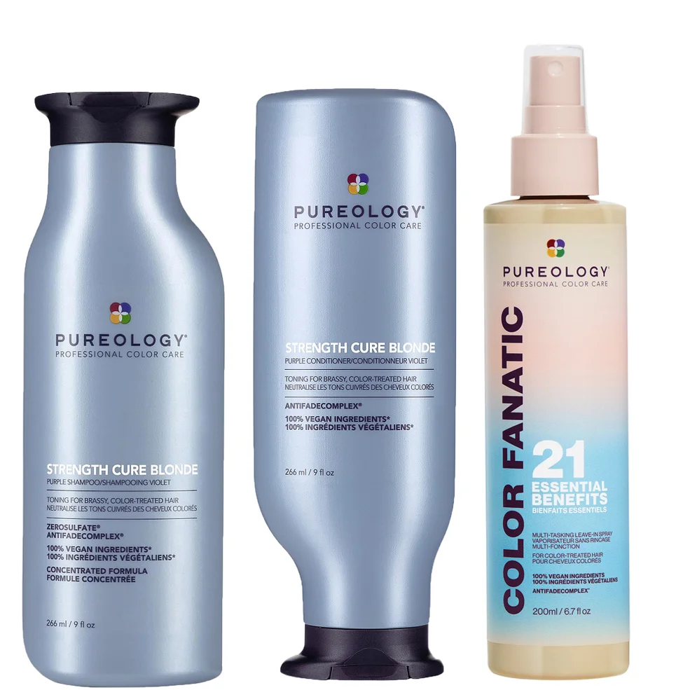 Pureology Strength Cure Blonde Purple Shampoo, Conditioner and Color Fanatic Spray Routine for Toning Brassy Hair Image 1