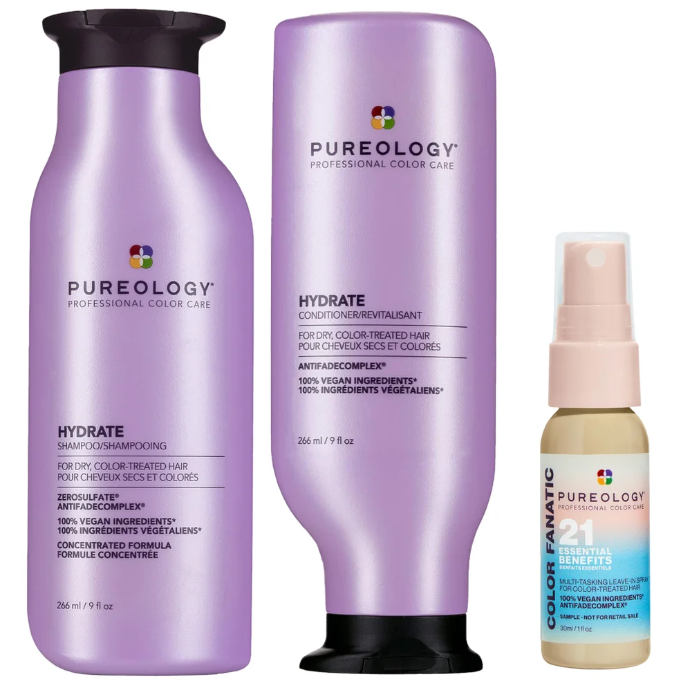 Pureology Hydrate Shampoo 266ml, Conditioner 266ml and Color Fanatic Spray Travel Size 30ml For Dry Hair Bundle Image 1