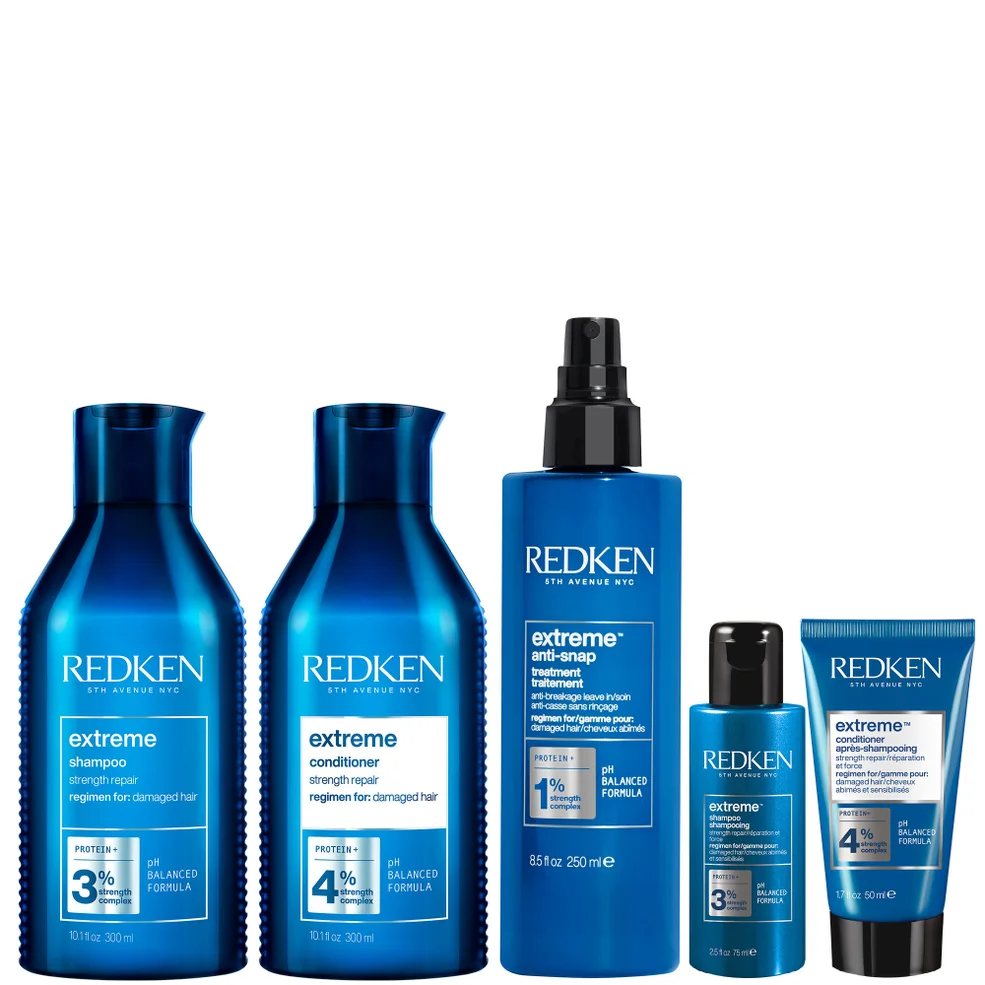 Redken Extreme Shampoo 300ml, Conditioner 300ml, Anti-Snap 250ml and Shampoo and Conditioner Travel Size Bundle for Damaged Hair Image 1
