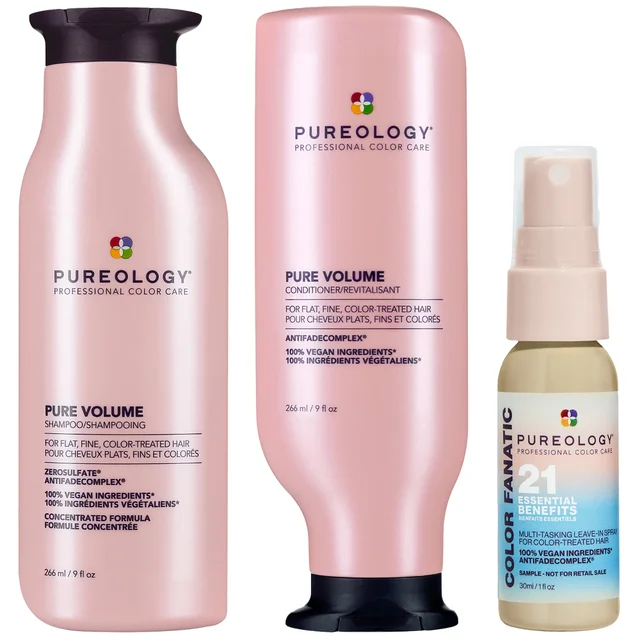 Pureology Pure Volume Shampoo and Conditioner with Color Fanatic Spray Bundle for Flat Fine Colour Treated Hair