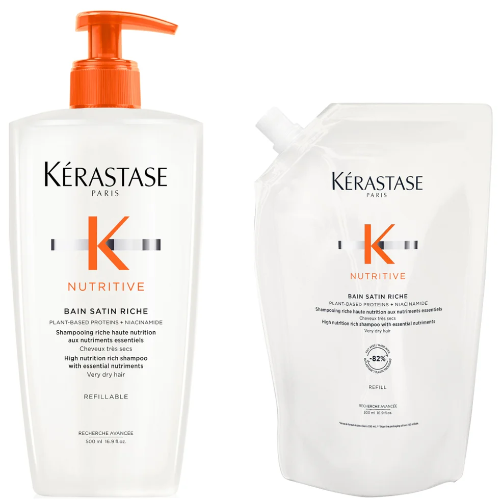 Kérastase Nutritive Bain Satin Riche Refillable Shampoo and Refill Pouch Duo for Fine to Medium Dry Hair with Niacinamide 500ml Image 1