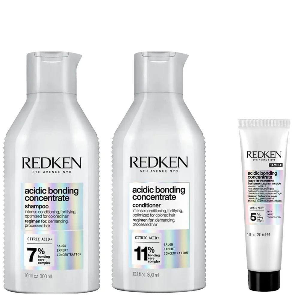 Redken Acidic Bonding Concentrate Shampoo and Conditioner 300ml with Leave-In Treatment Travel Size 30ml, Bond Repair Bundle Image 1