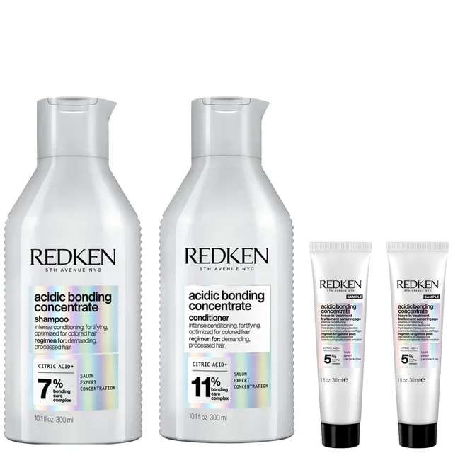 Redken Acidic Bonding Concentrate Shampoo and Conditioner 300ml with Leave-In Treatment 2 x 30ml, Bond Repair for Damaged Hair