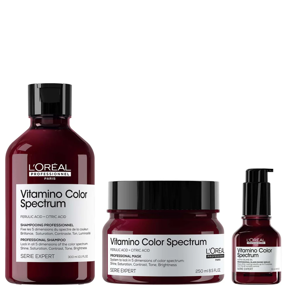 L'Oréal Professionnel Vitamino Color Spectrum Shampoo 300ml, Rinse Off Hair Mask 250ml and Serum 50ml Bundle for Coloured Hair Image 1