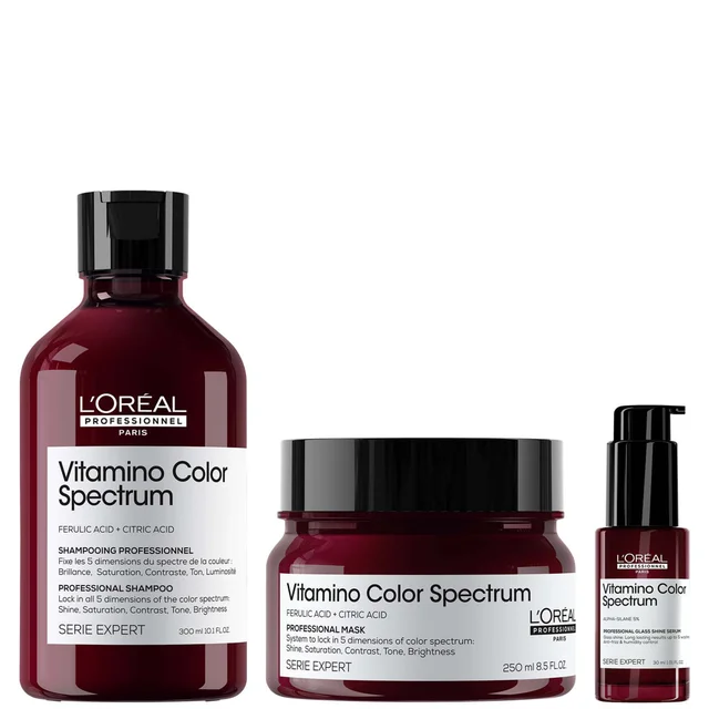L'Oréal Professionnel Vitamino Color Spectrum Shampoo 300ml,Rinse Off Hair Mask 250ml and Serum 30ml Bundle for Coloured Hair