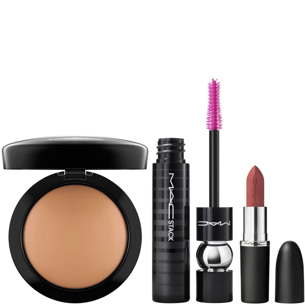MAC HEROS - MACximal Lipstick Velvet Teddy, Min. Skinfinish Give Me Sun, Fix + Original 100ml and MACStack Black Mascara Bundle Image 1