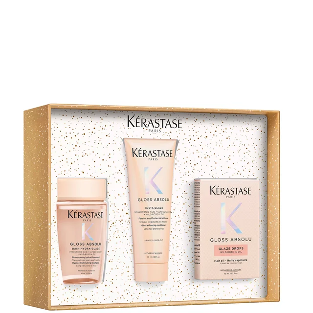 Kérastase Gloss Absolu Trio for Glossy Hair, Glaze Drops Hair Oil & Travel Size Shampoo & Conditioner with Hyaluronic Acid
