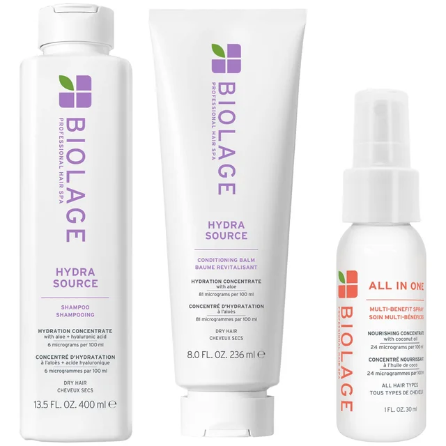 Biolage Hydra Source Shampoo 400ml and Conditioner 236ml and Mini All-In-One Spray 45ml
