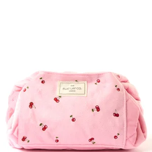 The Flat Lay Co. Drawstring Flat Lay Makeup Bag - Ditsy Cherries Pink Embroidered Velvet - undefined undefined