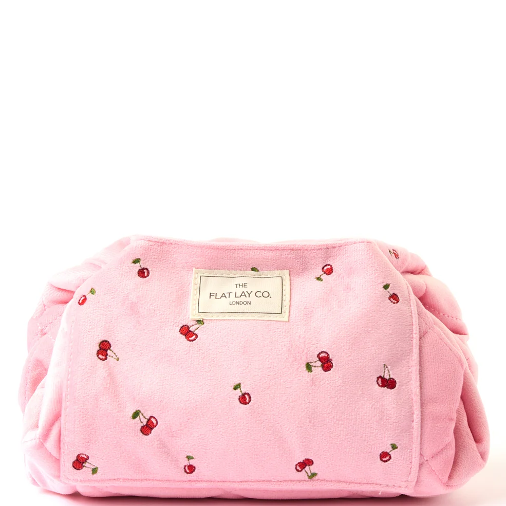 The Flat Lay Co. Drawstring Flat Lay Makeup Bag - Ditsy Cherries Pink Embroidered Velvet Image 1