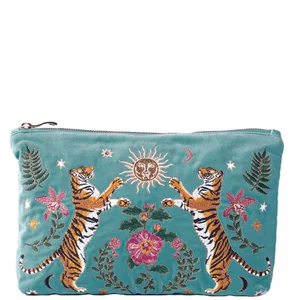 Elizabeth Scarlett Celestial Tigers Velvet Everyday Pouch - Dusky Teal - undefined undefined