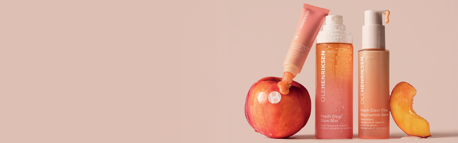 Ole Henriksen Peach Range featuring the Peach Glaze Glow Mist, Peach Glaze Glow Niacinamide Serum and Pout Preserve Peptide Peptide Lip Treatment